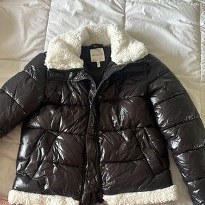 Avec Les Filles Black and White Puffer Jacket with Sherpa Trim